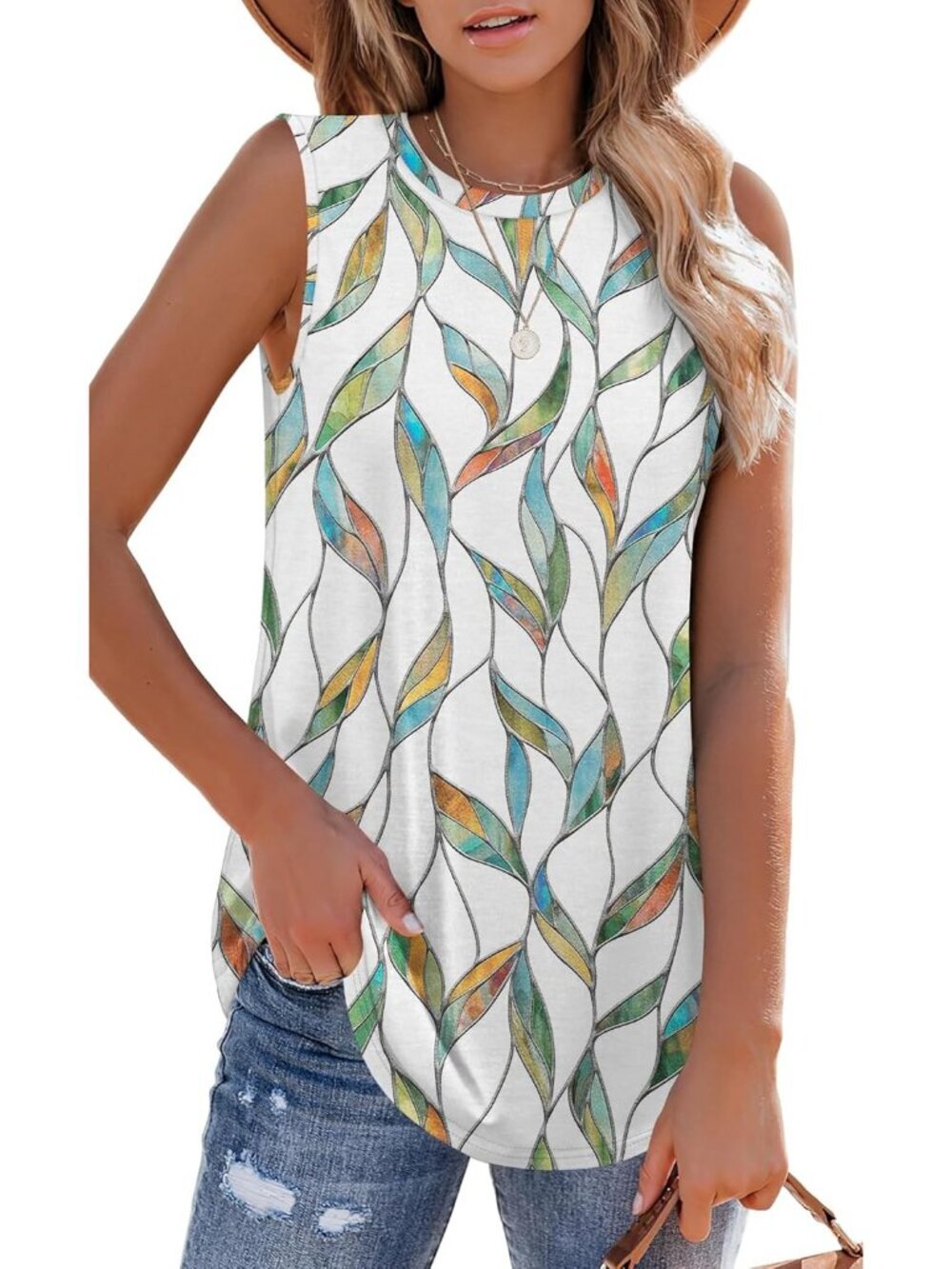 Women's Pattern Colorful High Neck Tank Loose Sleeveless Wear Summer Tunic Top - Picture 2 of 5